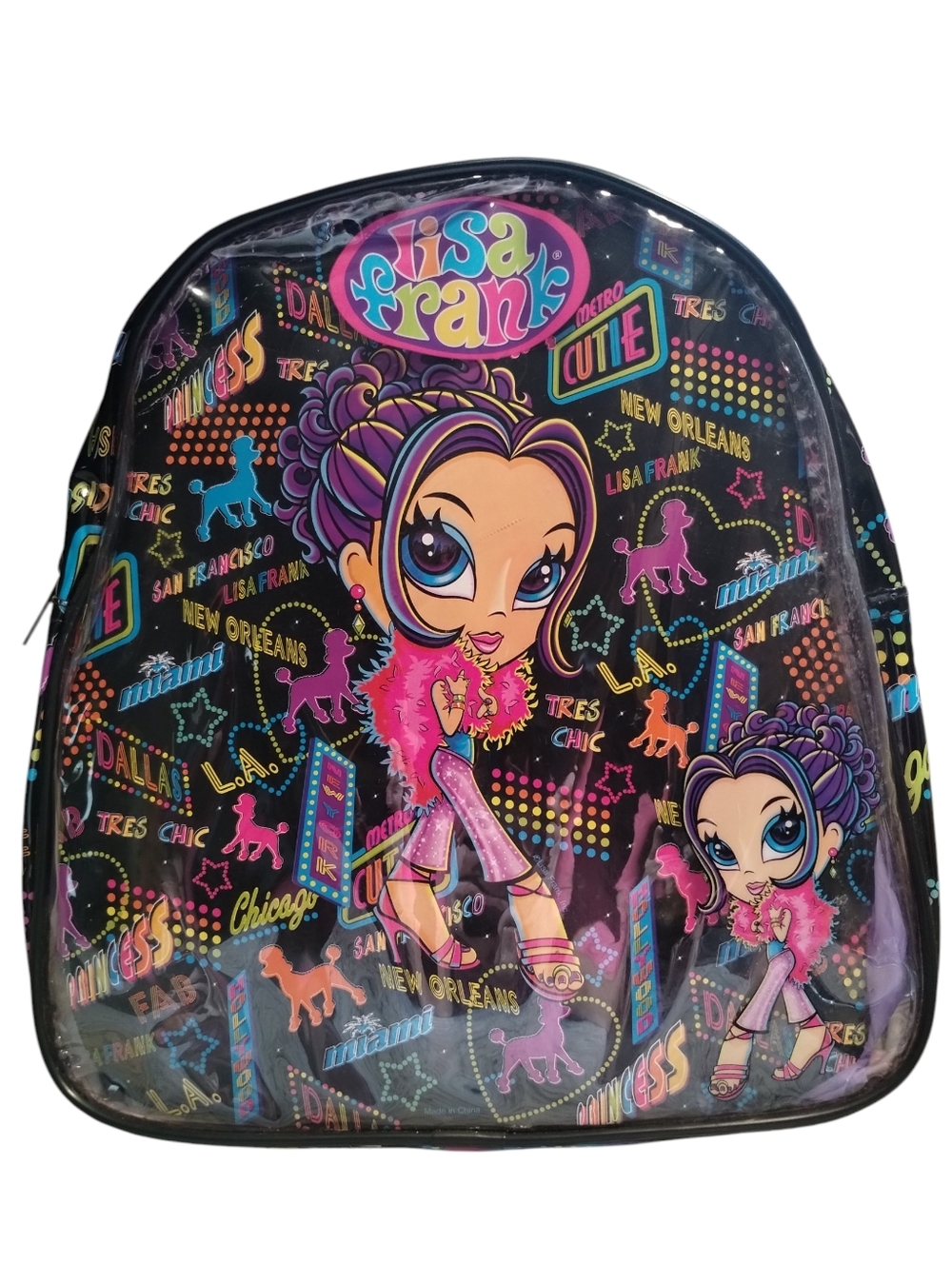 Lisa Frank Vintage Glamor Girl & Poodle 🐩 Multi Color Clear Backpack & Extras